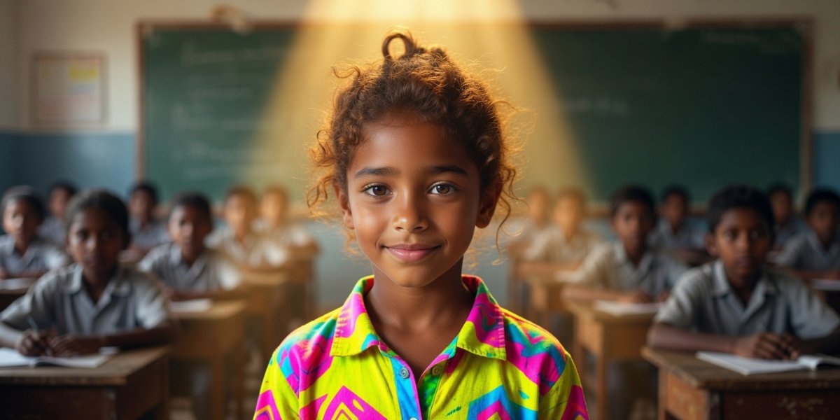 A girl in a bright patterned shirt standing out among rows of students in gray uniforms