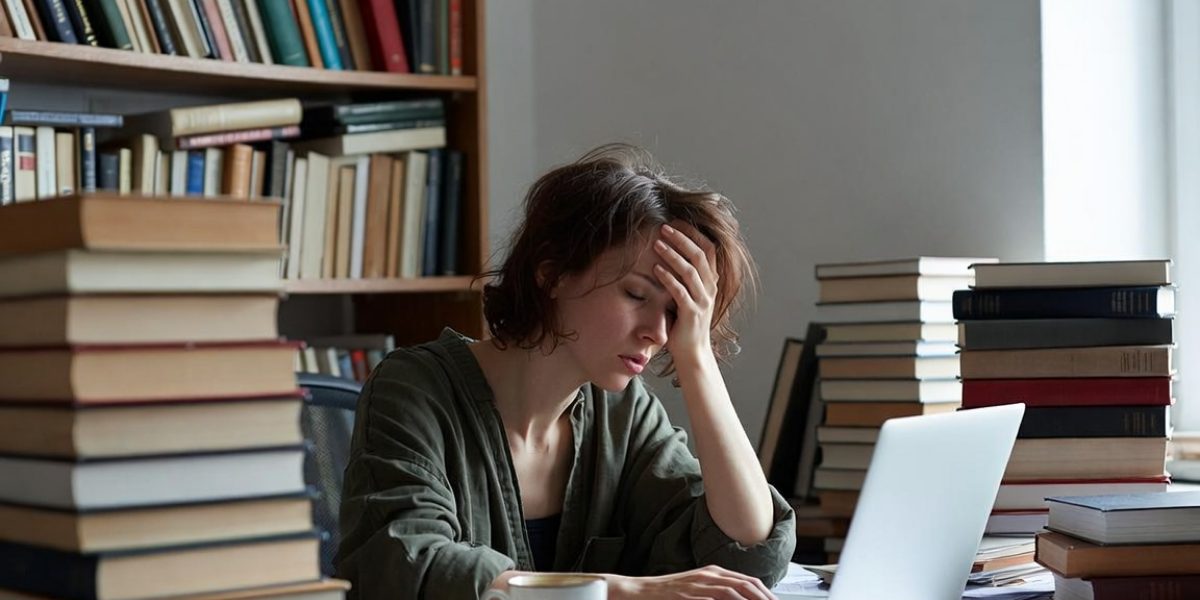 A homeschool parent at a desk buried in stacks of books and an open laptop