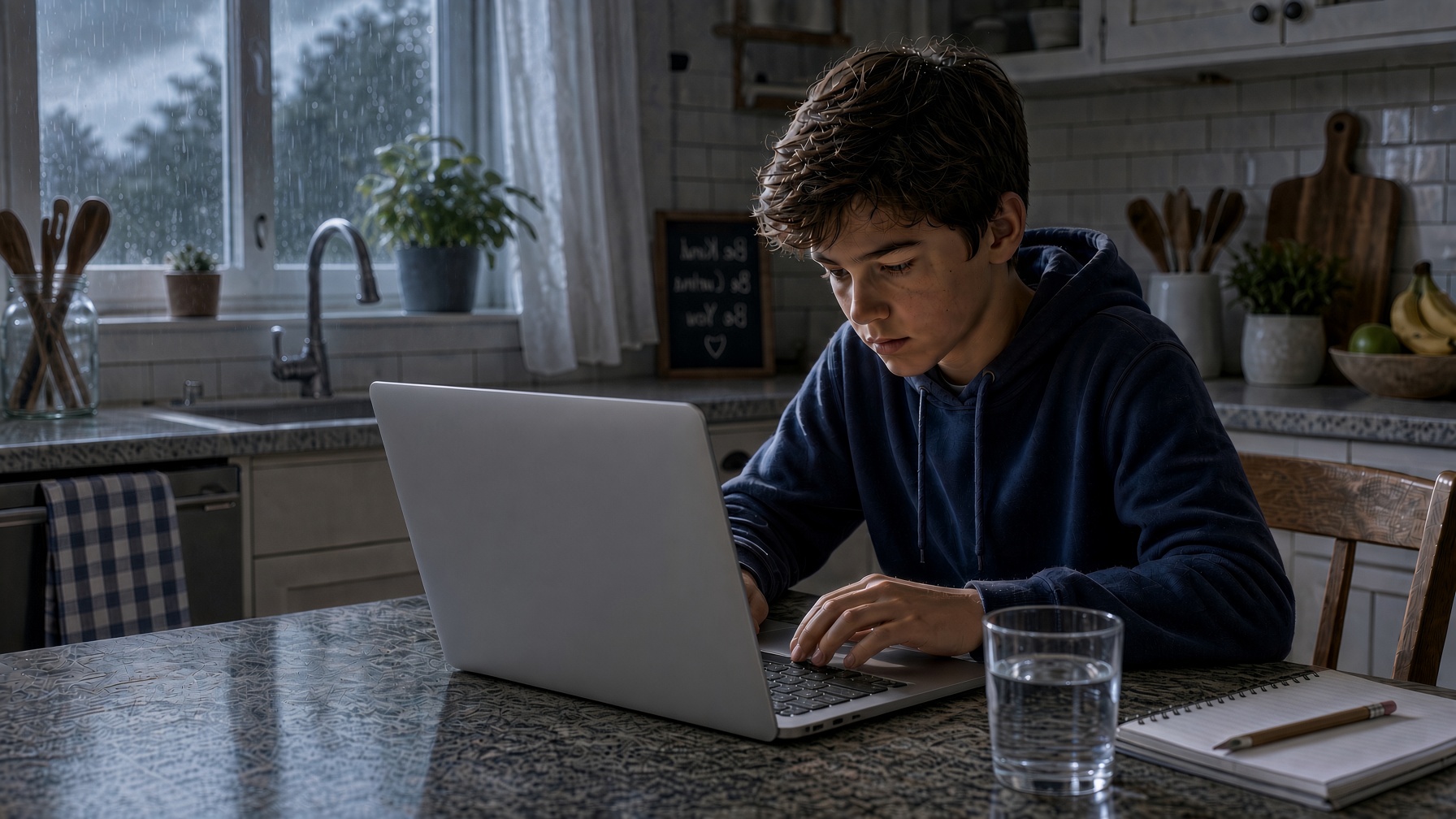 A teenage boy in a navy hoodie works on a laptop at a kitchen table on a rainy day