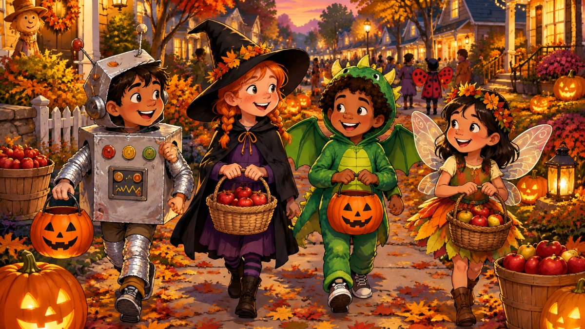 Kids in Halloween costumes walk down an autumn street lined with jack-o’-lanterns
