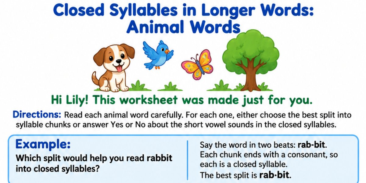 Top of a printed worksheet titled Closed Syllables in Longer Words: Animal Words, with a puppy, bluebird, butterfly, and tree, the line Hi Lily! This worksheet was made just for you, and color-coded question boxes.