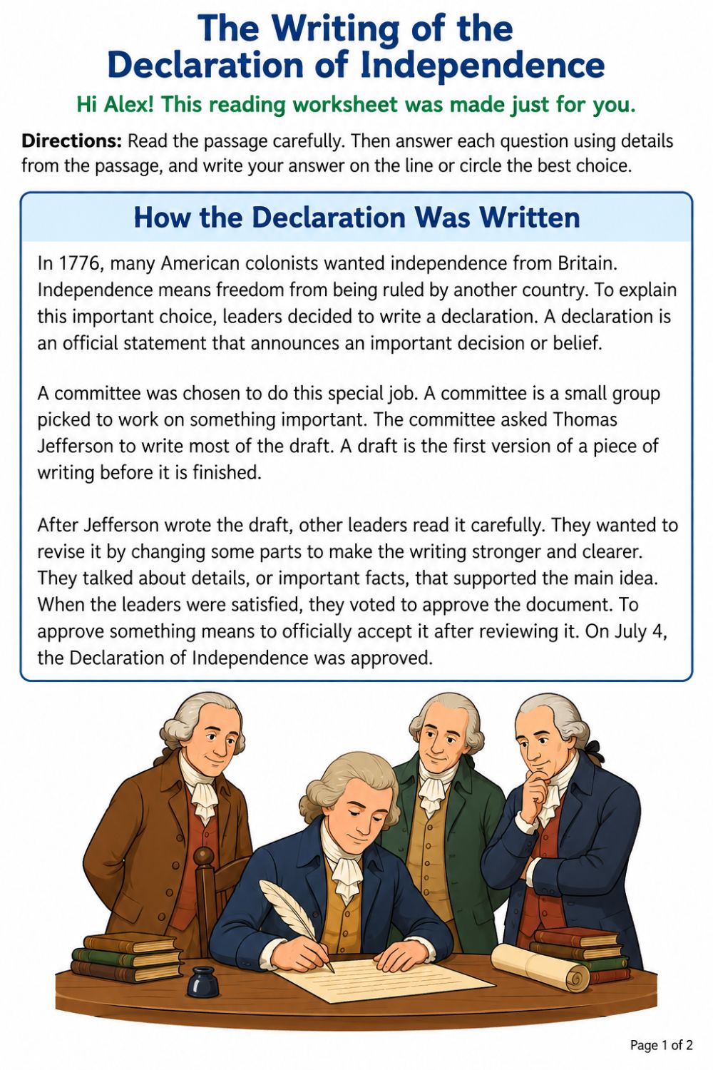 Full worksheet page: The Writing of the Declaration of Independence, made for Alex, with a reading passage and an illustration of Jefferson drafting at a desk.