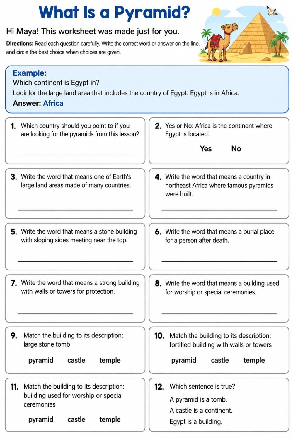 Full worksheet page: What Is a Pyramid, made for Maya, with twelve short answer and matching questions about Egypt and pyramids.