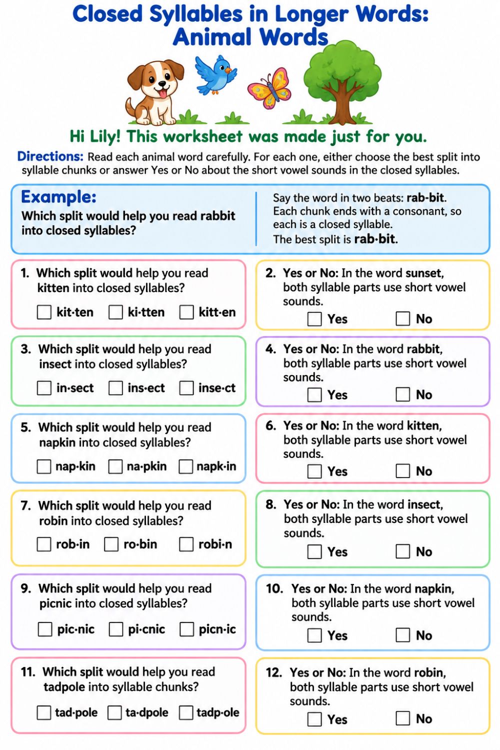 Full worksheet page: Closed Syllables in Longer Words, Animal Words, made for Lily, with twelve color-coded syllable questions.