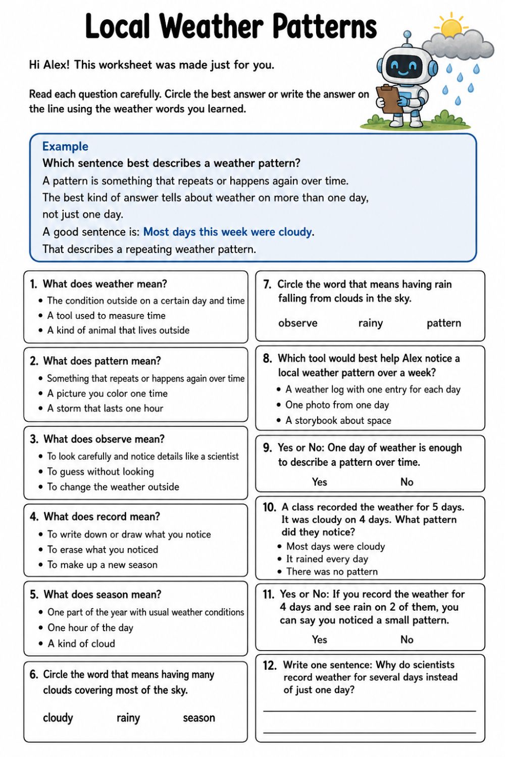 Full worksheet page: Local Weather Patterns, made for Alex, with twelve questions on weather vocabulary and patterns.
