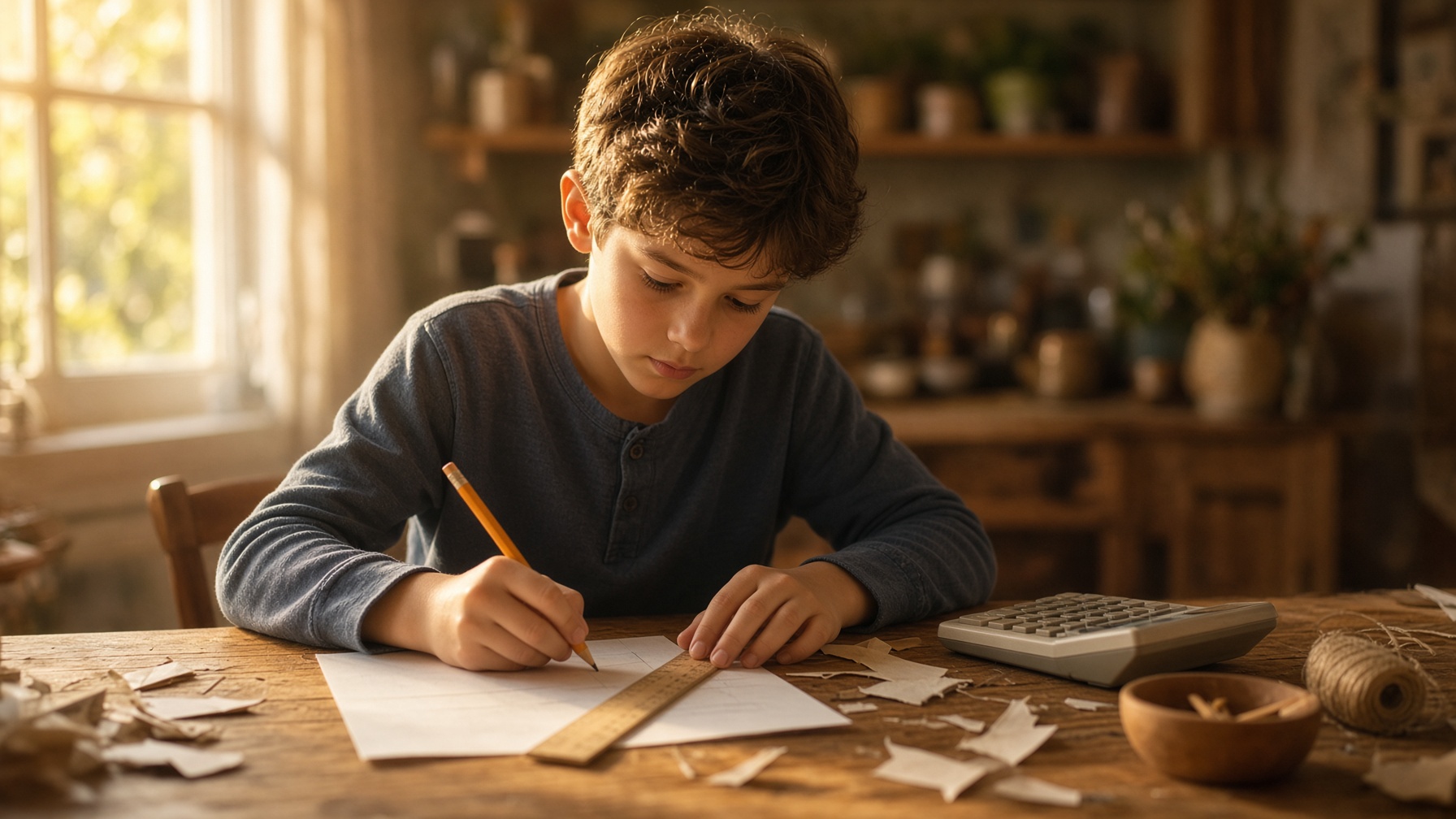 A child working through a hands-on activity at a table, away from any screen, mid-lesson