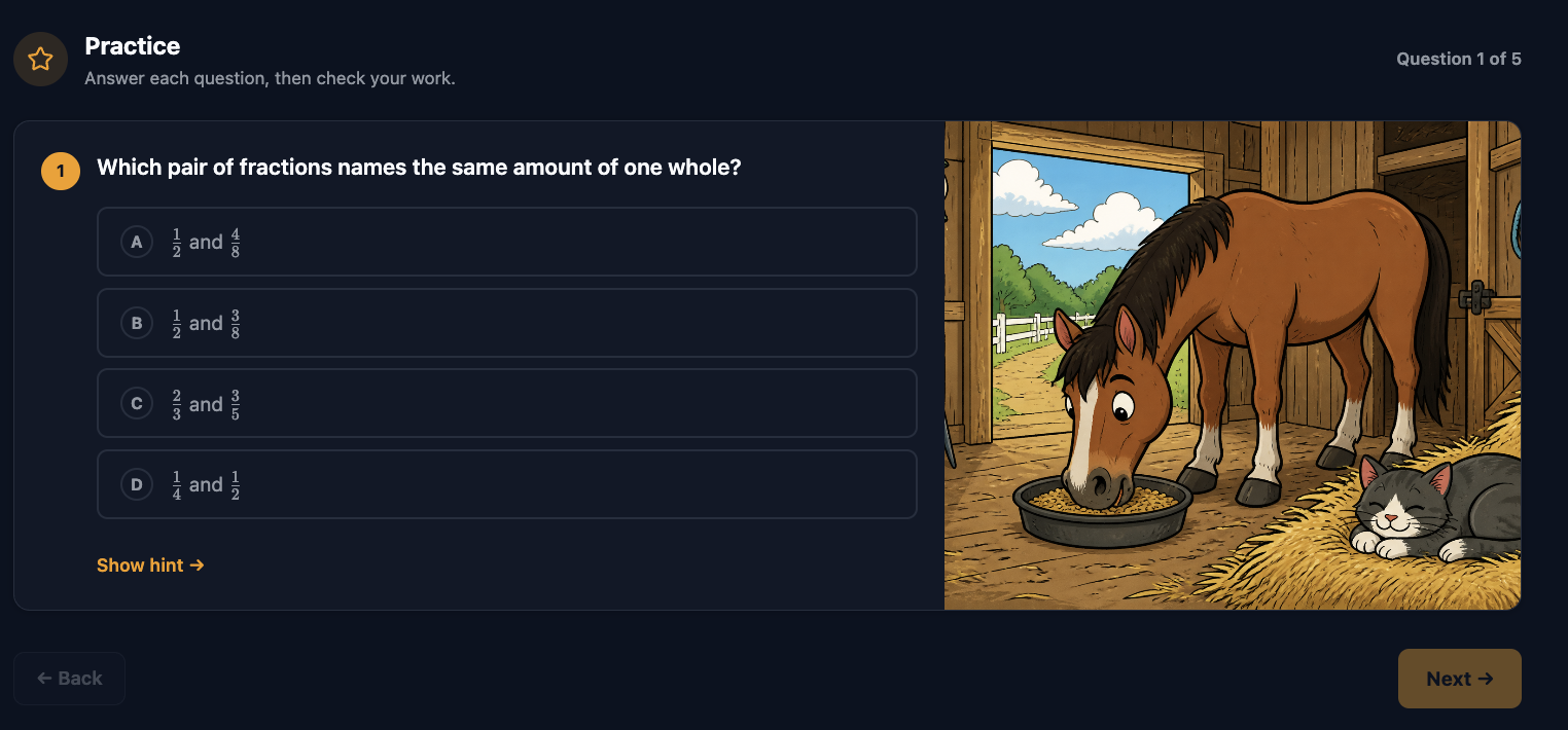 Practice question 1 of 5, asking which pair of fractions names the same amount of one whole, themed around a horse stable.