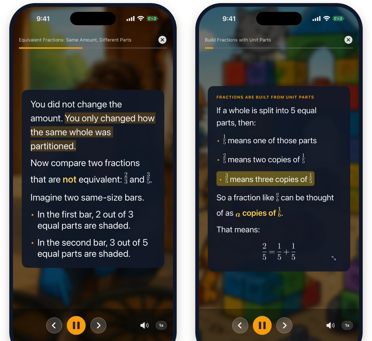 Two iPhone screens in cinematic view: a fractions card explaining that three fifths means three copies of one fifth, and a pyramid card with key terms highlighted in amber.