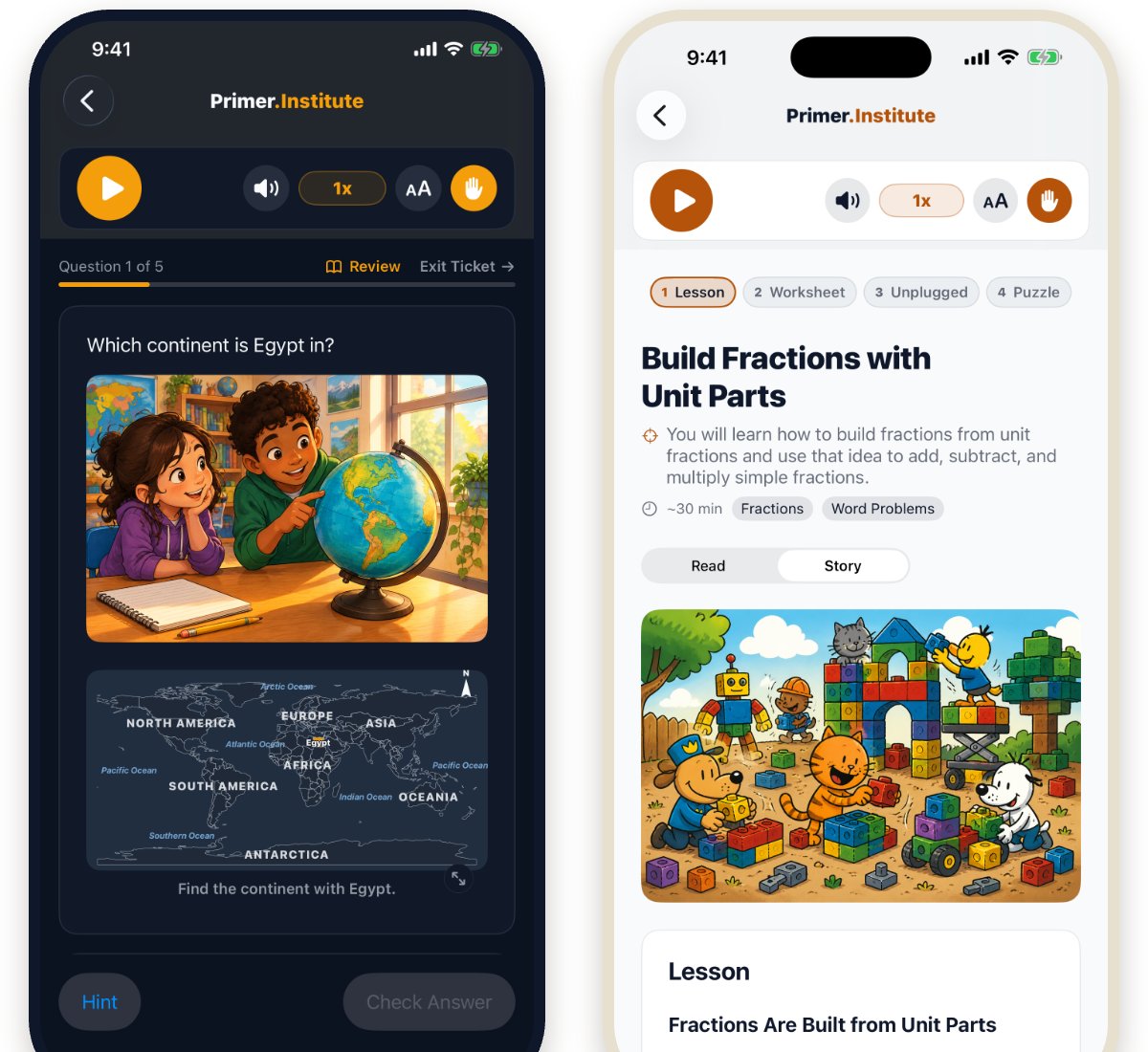 Two iPhone screens: a practice question asking which continent Egypt is in, with a classroom globe illustration and a world map, and the Build Fractions with Unit Parts lesson in light mode.
