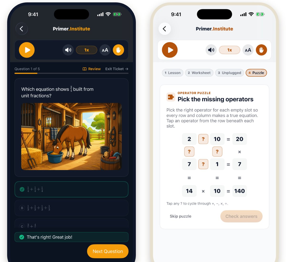 Two iPhone screens: a practice question about building three fourths from unit fractions answered correctly with a horse illustration, and an operator puzzle grid asking the student to pick the missing operators.