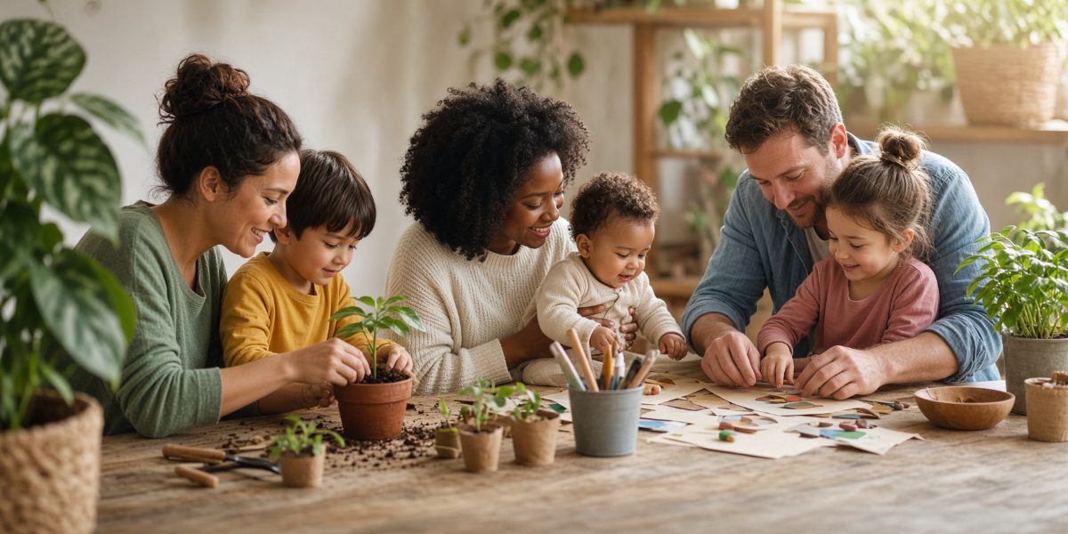 Three parents at a long wooden table with their young children, potting seedlings and working on a paper puzzle together.
