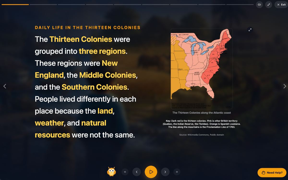 Lesson screen on Daily Life in the Thirteen Colonies with a historical map of the colonies along the Atlantic coast and a color key.