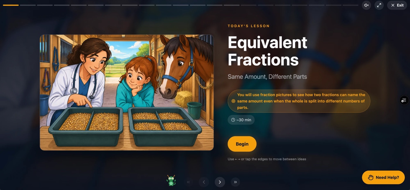 The title page of Maya's lesson, Equivalent Fractions: Same Amount, Different Parts. A veterinarian in a white coat points at two feed trays on a table in a stable, one divided into two sections and one into four, while a girl in a teal hoodie and a bay horse look on. Beside it: the objective, You will use fraction pictures to see how two fractions can name the same amount even when the whole is split into different numbers of parts, a 30 minute estimate, and a Begin button.